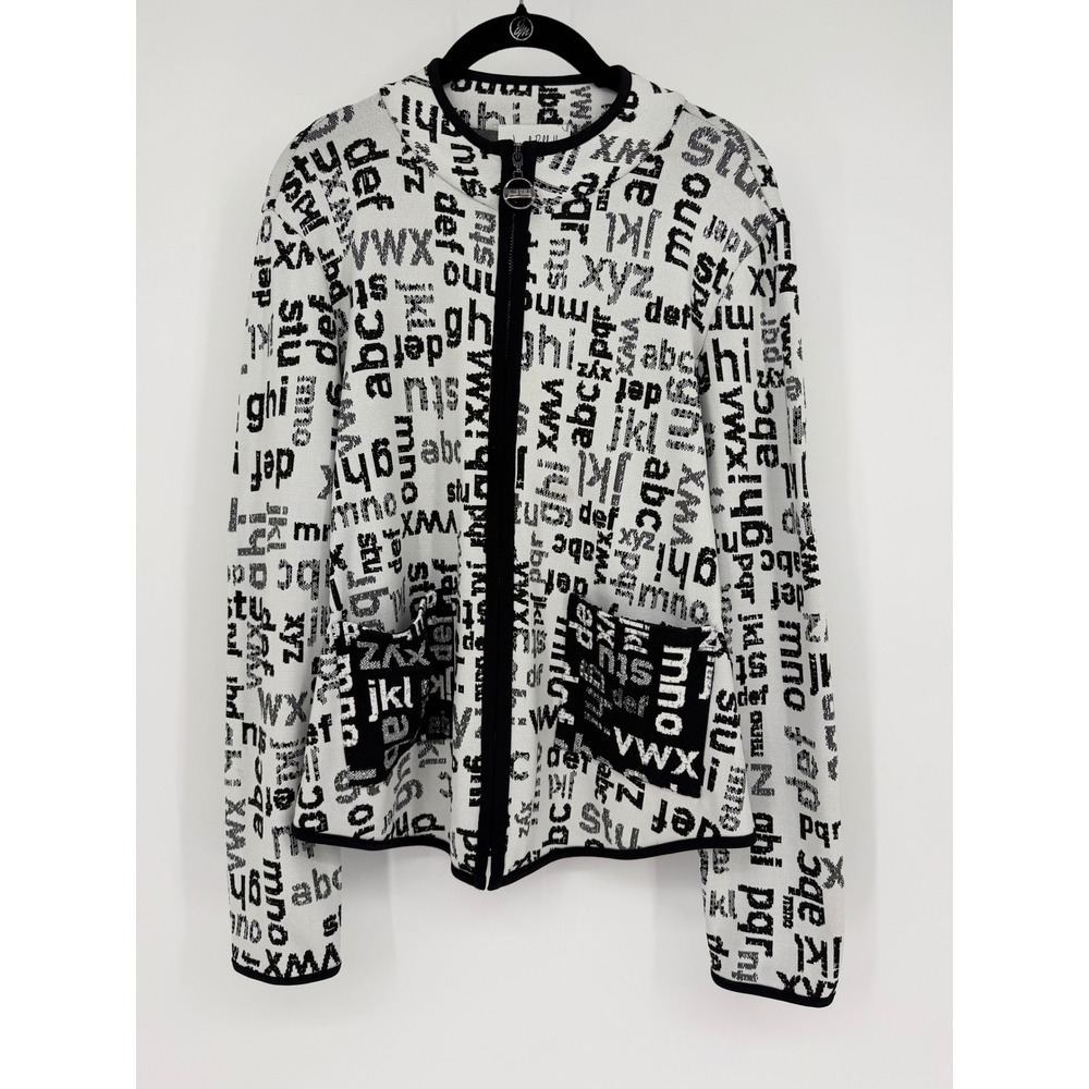 Joseph Ribkoff Alphabet Print Zip Up Knit Jacket Black White Typography Size 10